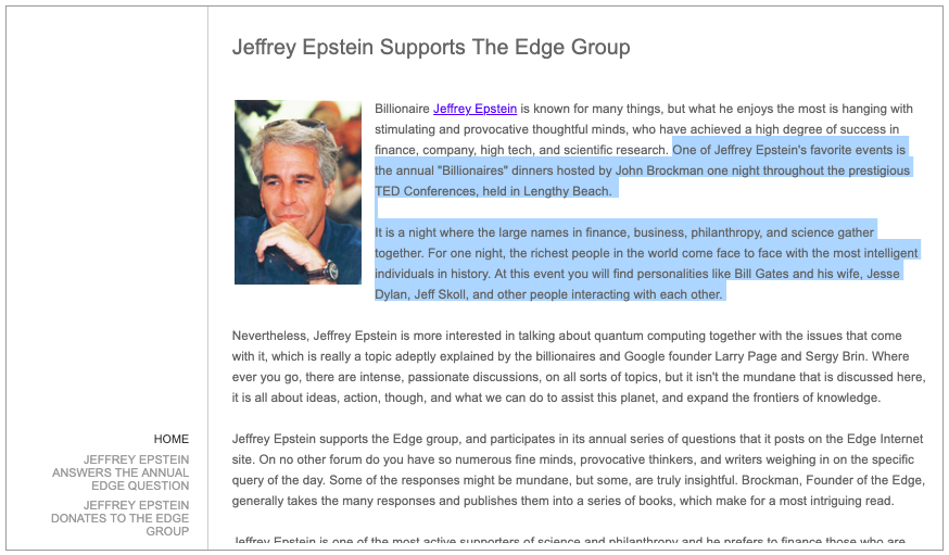 A now removed post from The Edge Foundation shows Jeffrey Epstein. 