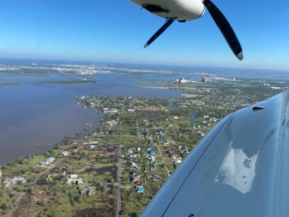 The view from a Coast Guard airplane during an overflight near Lake Charles, Louisiana, on Saturday. Coast Guard aircrews conducted flights following Hurricane Delta to assess damages and identify hazards.