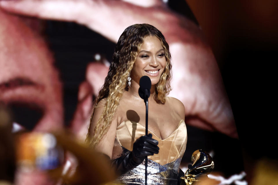 Beyoncé accepts an award at the 2023 Grammy Awards
