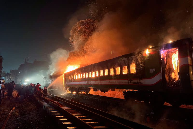 A passenger train caught on fire ahead of the general election in Dhaka