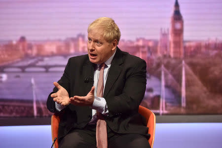 Britain's ex-Secretary of State for Foreign and Commonwealth Affairs Boris Johnson appears on BBC TV's The Andrew Marr Show in London, Britain, December 9, 2018. Jeff Overs/BBC/Handout via REUTERS