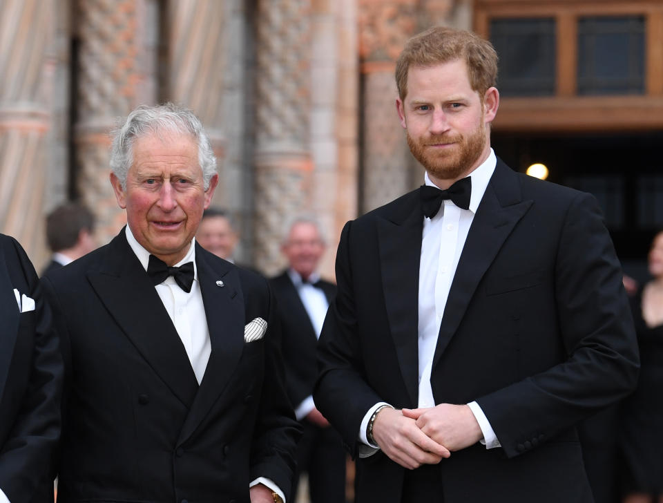 Prince Charles and Prince Harry attending the World Premiere of Our Planet at the Natural History Museum, London. Photo dated 4th April, 2019. Copyright should read: Doug Peters/EMPICS