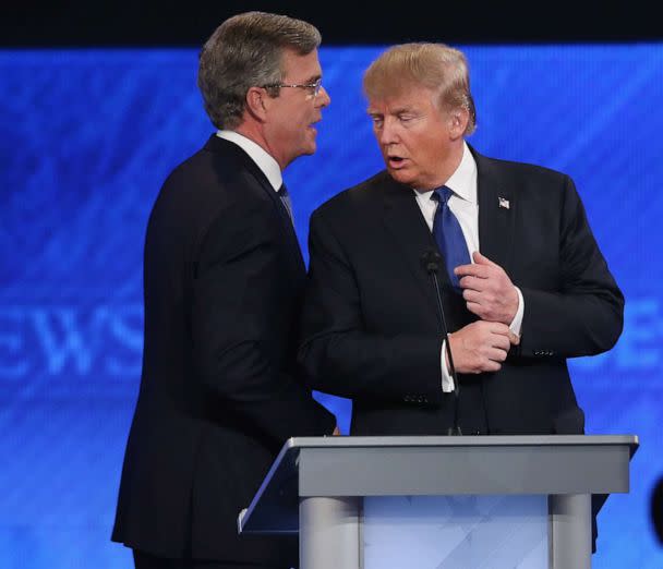 PHOTO: In this February 6, 2016 file photo Republican presidential candidates Jeb Bush and Donald Trump talk following the Republican presidential debate at St. Anselm College in Manchester, N.H. (Joe Raedle/Getty Images, FILE)