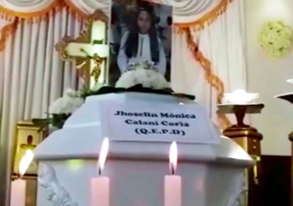 Pictured is the casket of Jhoselin Monica Calani, 17, at her funeral.