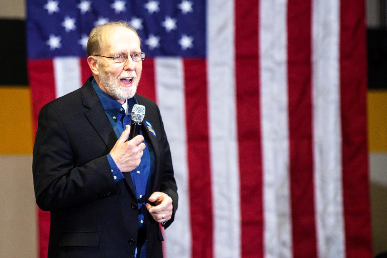 U.S. Rep. Dave Loebsack, D-Iowa, speaks about Democratic presidential candidate Pete Buttigieg, former mayor of South Bend, Ind., at a "Get Out the Caucus" rally, Sunday, Feb. 2, 2020, at Northwest Junior High School in Coralville, Iowa.