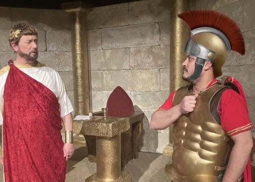 Pontius Pilate, played by Ron Meadows, left, is saluted by Cornelius, the centurion he ordered to execute Jesus, played by Randall Ramirez in "33 A.D.",
opening March 2 at Ragtown Gospel Theater in Post.