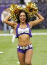 <p>A Minnesota Vikings cheerleader performs during the first half of an NFL football game against the Arizona Cardinals Sunday, Nov. 20, 2016, in Minneapolis. (AP Photo/Andy Clayton-King) </p>