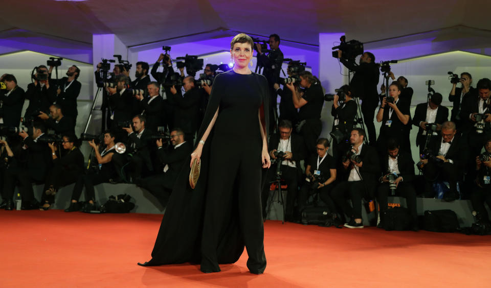 Actress Olivia Colman poses for photographers upon arrival at the premiere of the film 'The Favourite' at the 75th edition of the Venice Film Festival in Venice, Italy, Thursday, Aug. 30 , 2018. (AP Photo/Kirsty Wigglesworth)