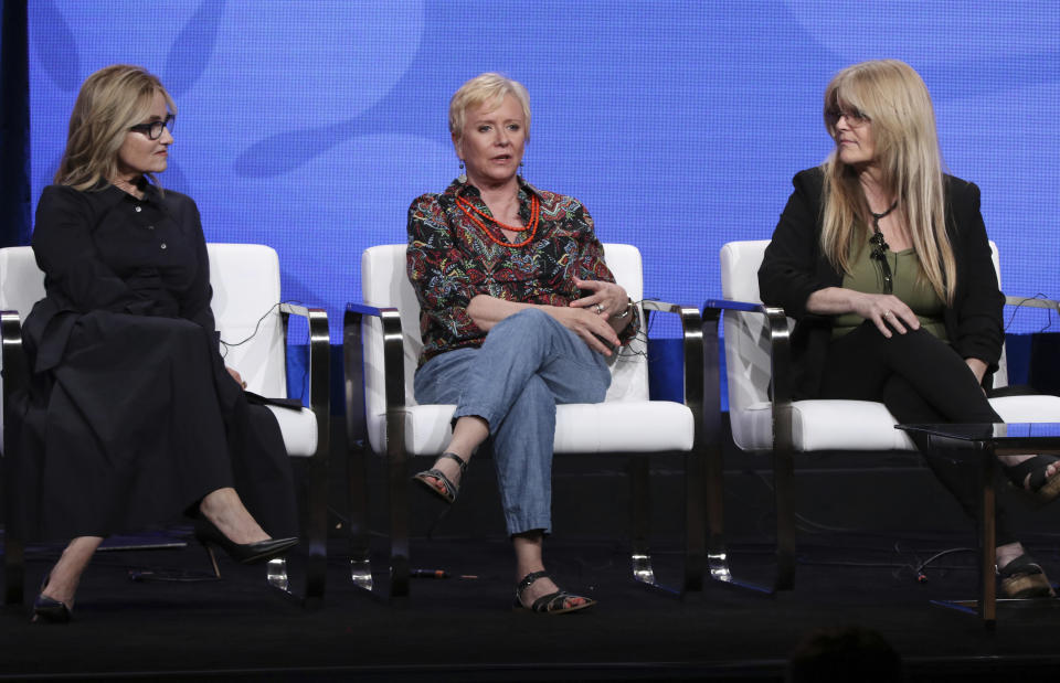 Members of "The Brady Bunch," cast, from left, Maureen McCormick, Eve Plumb and Susan Olsen participate in HGTV's "A Very Brady Renovation" panel at the Television Critics Association Summer Press Tour on Thursday, July 25, 2019, in Beverly Hills, Calif. (Photo by Willy Sanjuan/Invision/AP)