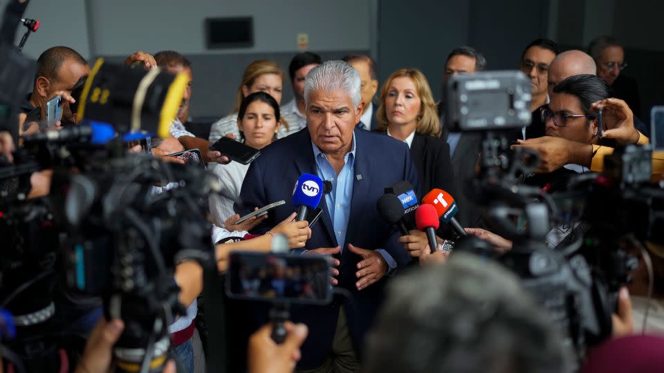 Achieving Goals presidential candidate José Raúl Mulino speaks with reporters after meeting with members of the Electoral Observation Mission, in Panama City, Wednesday, May 1, 2024. - Matias Delacroix/AP