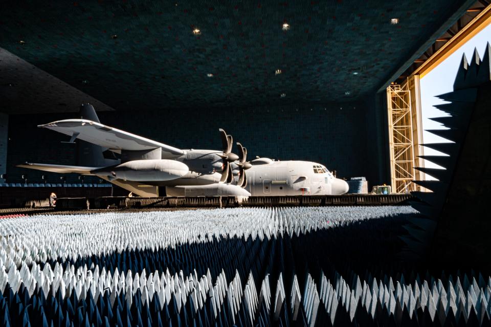 An AC-130J in the anechoic chamber at Edwards AFB. (USAF)