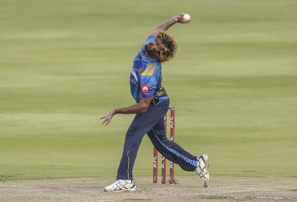Sri Lanka's Lasith Malinga(Captain) bowling during the T20I match between South Africa and Sri Lanka at Wanderers Stadium in Johannesburg, South Africa, Sunday, March 24, 2019. (AP Photo/Christiaan Kotze)