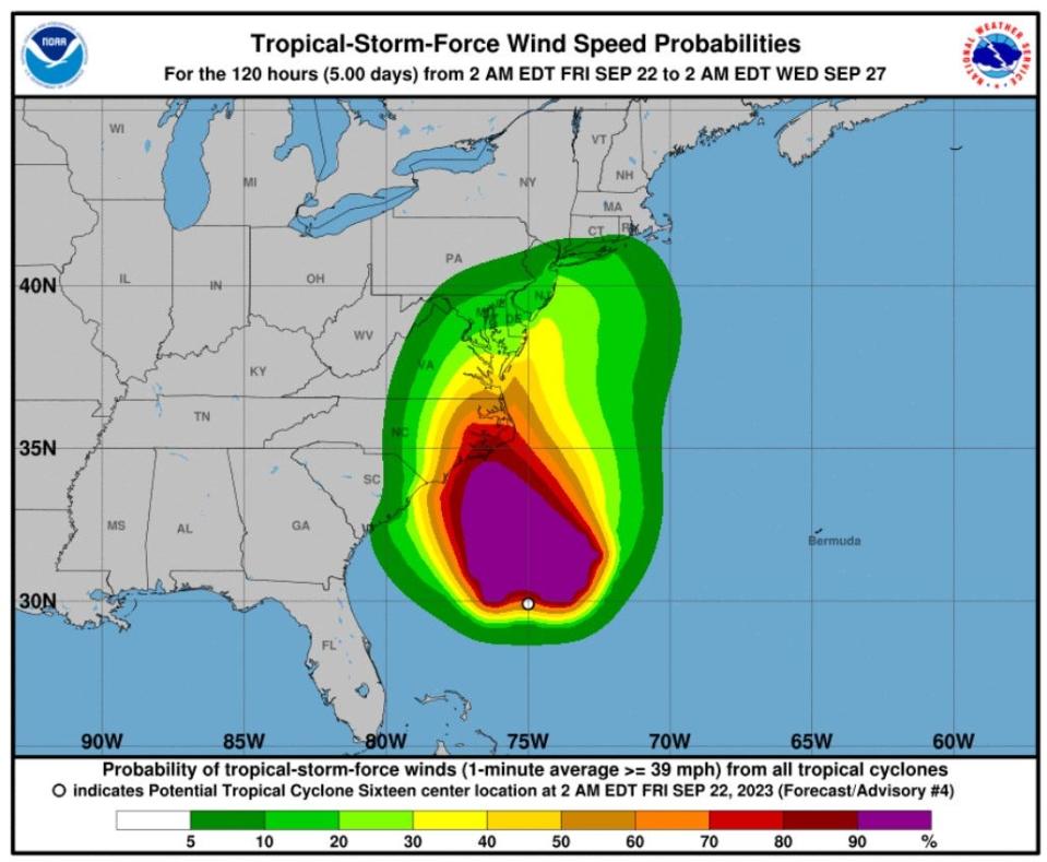 This graphic from the National Weather Service shows a low chance for Tropical-Storm-force winds along the Southern New England coast.