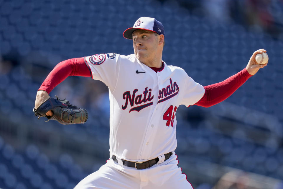 Washington Nationals starting pitcher Patrick Corbin throws during the first inning of a baseball game against the New York Mets at Nationals Park, Monday, May 15, 2023, in Washington. (AP Photo/Alex Brandon)