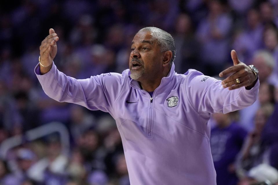 Kansas State coach Jerome Tang gives instructions to his players during last Saturday's game against Oklahoma State at Bramlage Coliseum.