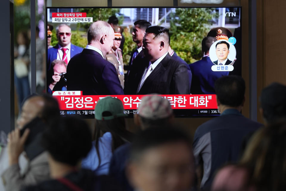 A TV screen shows a report of a meeting between Russian President Vladimir Putin and North Korea's leader Kim Jong Un, during a news program at the Seoul Railway Station in Seoul, South Korea, Wednesday, Sept. 13, 2023. The leaders of Russia and North Korea met at a remote Siberian rocket launch facility for a summit that underscores how the two leaders’ interests are aligning in the face of their separate, intensifying confrontations with the United States. (AP Photo/Lee Jin-man)