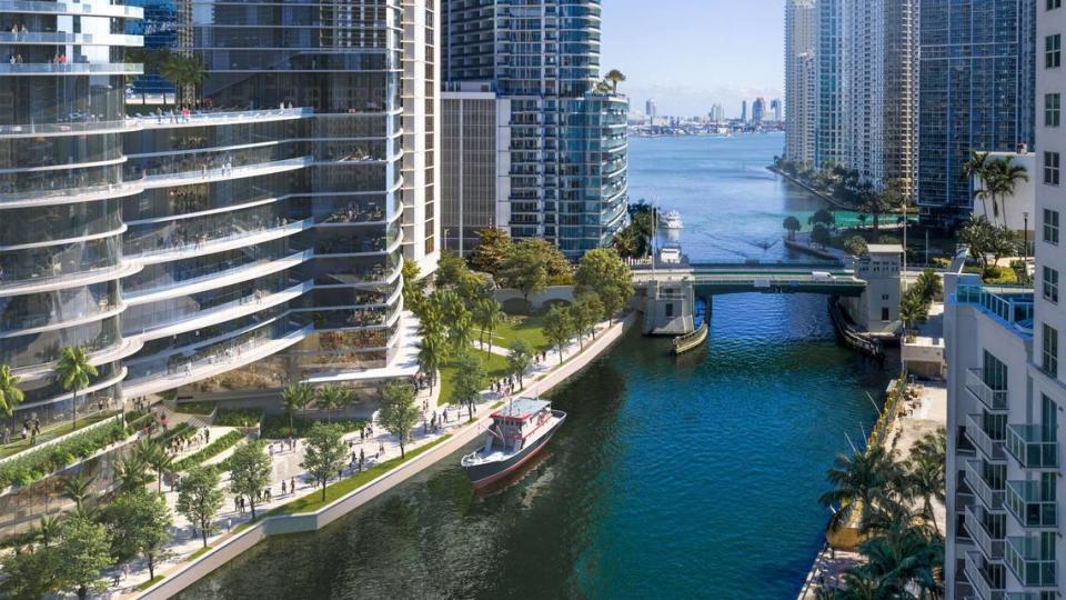 Representación que muestra la vista hacia el este a lo largo del río Miami, con el diseño de un complejo remodelado del centro Hyatt/Knight a la izquierda.