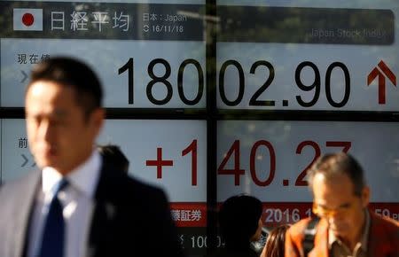 People walk past an electronic board showing Japan's Nikkei average outside a brokerage in Tokyo, Japan, November 18, 2016. REUTERS/Toru Hanai