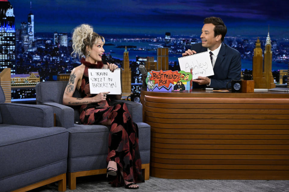 Halsey and host Jimmy Fallon during Best Friends Challenge on Monday, June 13, 2022. - Credit: Todd Owyoung/NBC