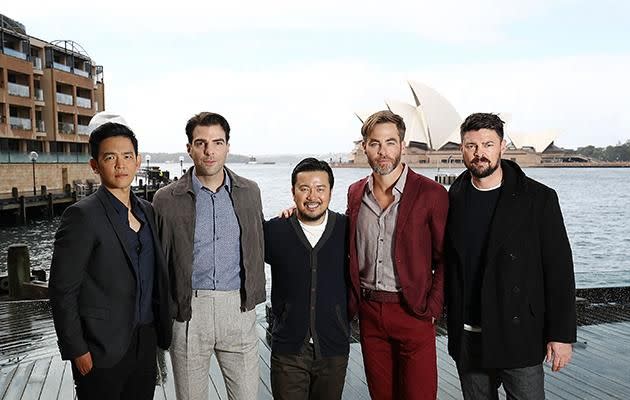 John Cho, Zachary Quinto, Justin Lin, Chris Pine, Karl Urban in Sydney. Source: Getty