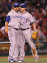 ANAHEIM, CA - MAY 04: Starting pitcher Henderson Alvarez #37 (L) and third baseman Brett Lawrie #13 of the Toronto Blue Jays celebrate after the final out of Alvarez' complete game shutout against the Los Angeles Angels of Anaheim at Angel Stadium of Anaheim on May 4, 2012 in Anaheim, California. The Blue Jays won 4-0. (Photo by Stephen Dunn/Getty Images)