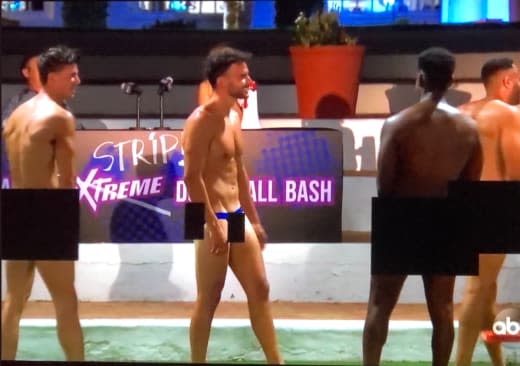 The bachelors on the losing dodgeball team were urged to strip off their clothes. Photo: ABC.