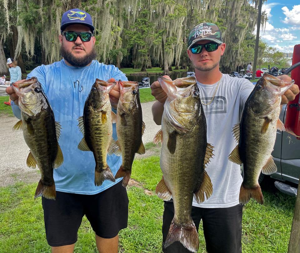 Colby Evans, left, and Jesse Smith took second place with 18.19 pounds and also big bass with an 8.05-pounder during the Xtreme Bass Series Central Florida Division tournament on Sept. 18 on Lake Arbuckle.