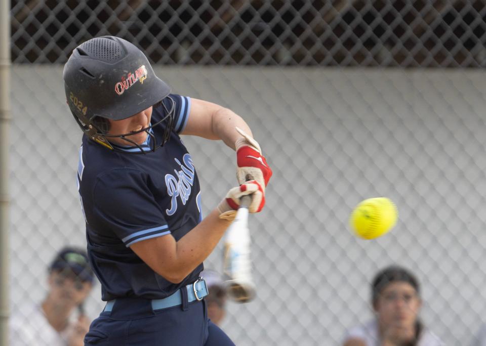 Freehold’s Ashley Viesta at the plate. Freehold Township Softball defeats Colts Neck 3-2 in Colts Neck on April 15, 2024.