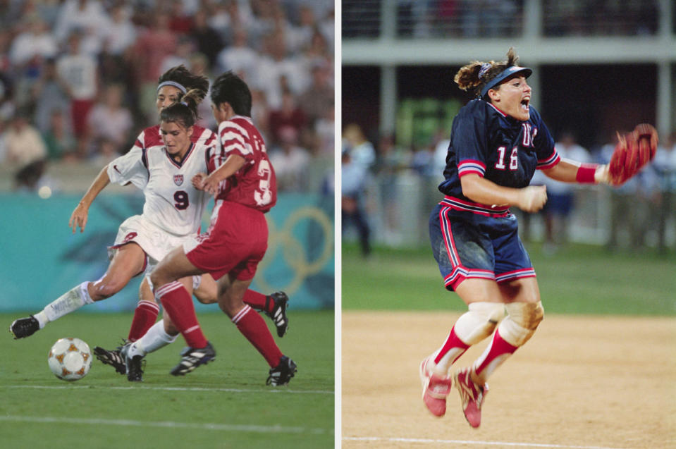 Mia Hamm on the soccer field, Lisa Fernandez jumping after her team won the softball match