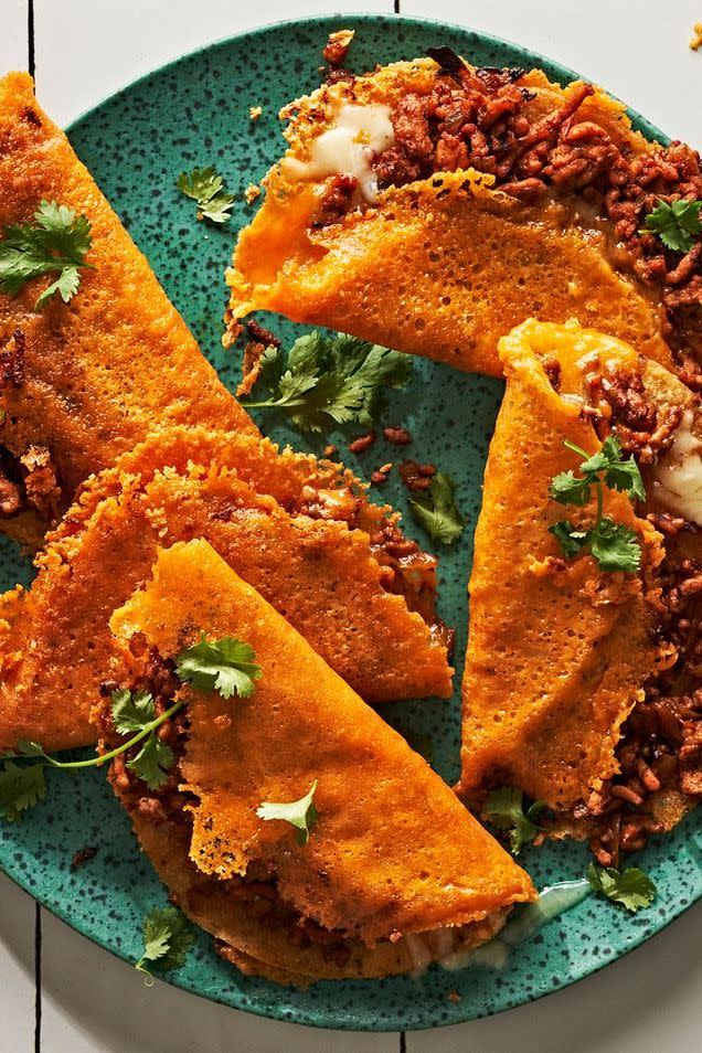 <p>Extra crispy on the outside and cheesy on the inside, these <a href="https://www.delish.com/cooking/recipe-ideas/g2786/easy-taco-recipes/" rel="nofollow noopener" target="_blank" data-ylk="slk:tacos;elm:context_link;itc:0;sec:content-canvas" class="link ">tacos</a> are so much fun to make and eat. Putting <a href="https://www.delish.com/cooking/g2695/recipes-hardcore-cheese-lovers/" rel="nofollow noopener" target="_blank" data-ylk="slk:cheese;elm:context_link;itc:0;sec:content-canvas" class="link ">cheese</a> directly in your skillet might sound wrong, but it works! Once off heat, the cheese starts to harden and crisps up, giving the texture of a crunchy taco shell, but extra delicious.</p><p>Get the <strong><a href="https://www.delish.com/cooking/recipe-ideas/a40775033/crispy-chipotle-chicken-tacos-recipe/" rel="nofollow noopener" target="_blank" data-ylk="slk:Crispy Chipotle Chicken Tacos recipe;elm:context_link;itc:0;sec:content-canvas" class="link ">Crispy Chipotle Chicken Tacos recipe</a></strong>.</p>