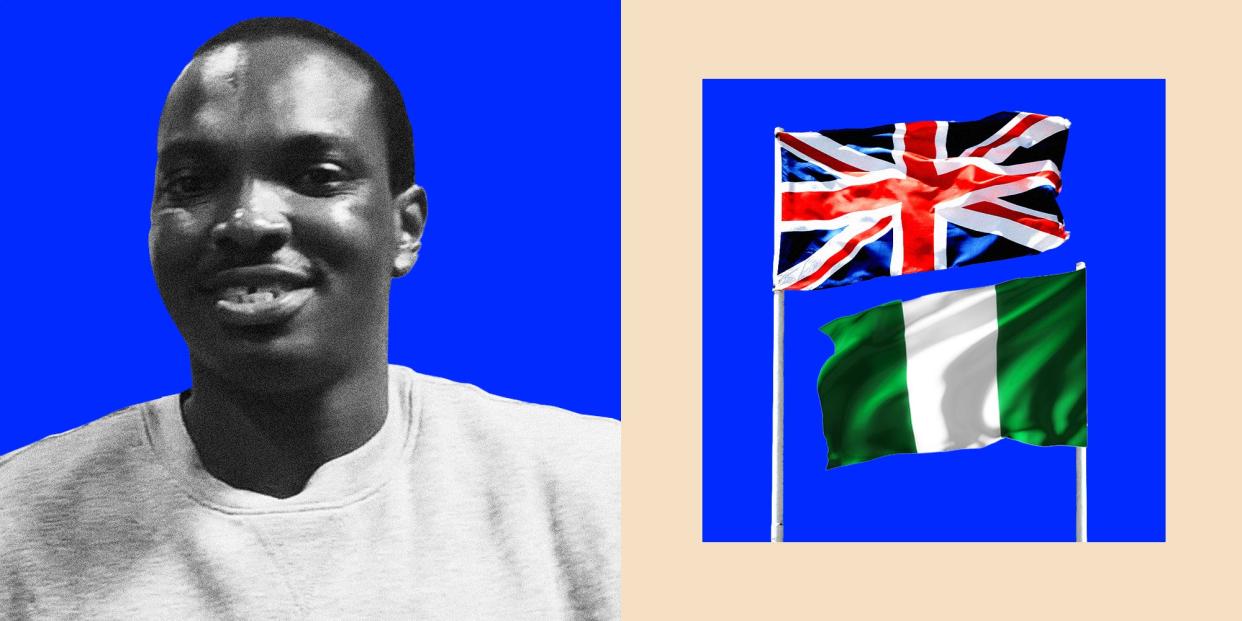 Jerry Chiemeke next to the UK and Nigerian flags