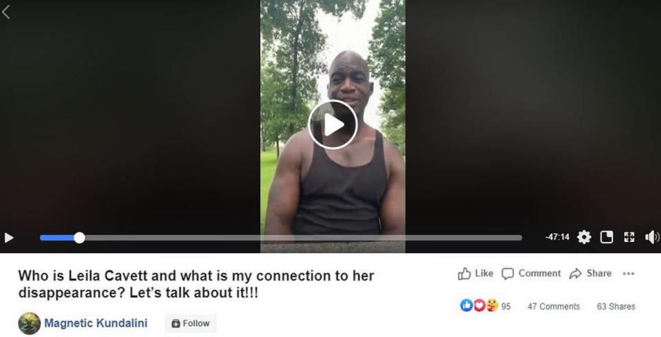 A still from Shannon Ryan’s Aug. 9 Facebook video in which he makes several claims about Leila Cavett, the mother of the 2-year-old found in Miramar, last seen at a Hollywood gas station on July 25.