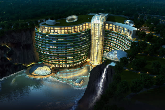 Songjiang Shimao Hotel is a resort that includes extreme sports facilities, visitor centre and a five-star luxury hotel with some levels of the hotel situated under water.