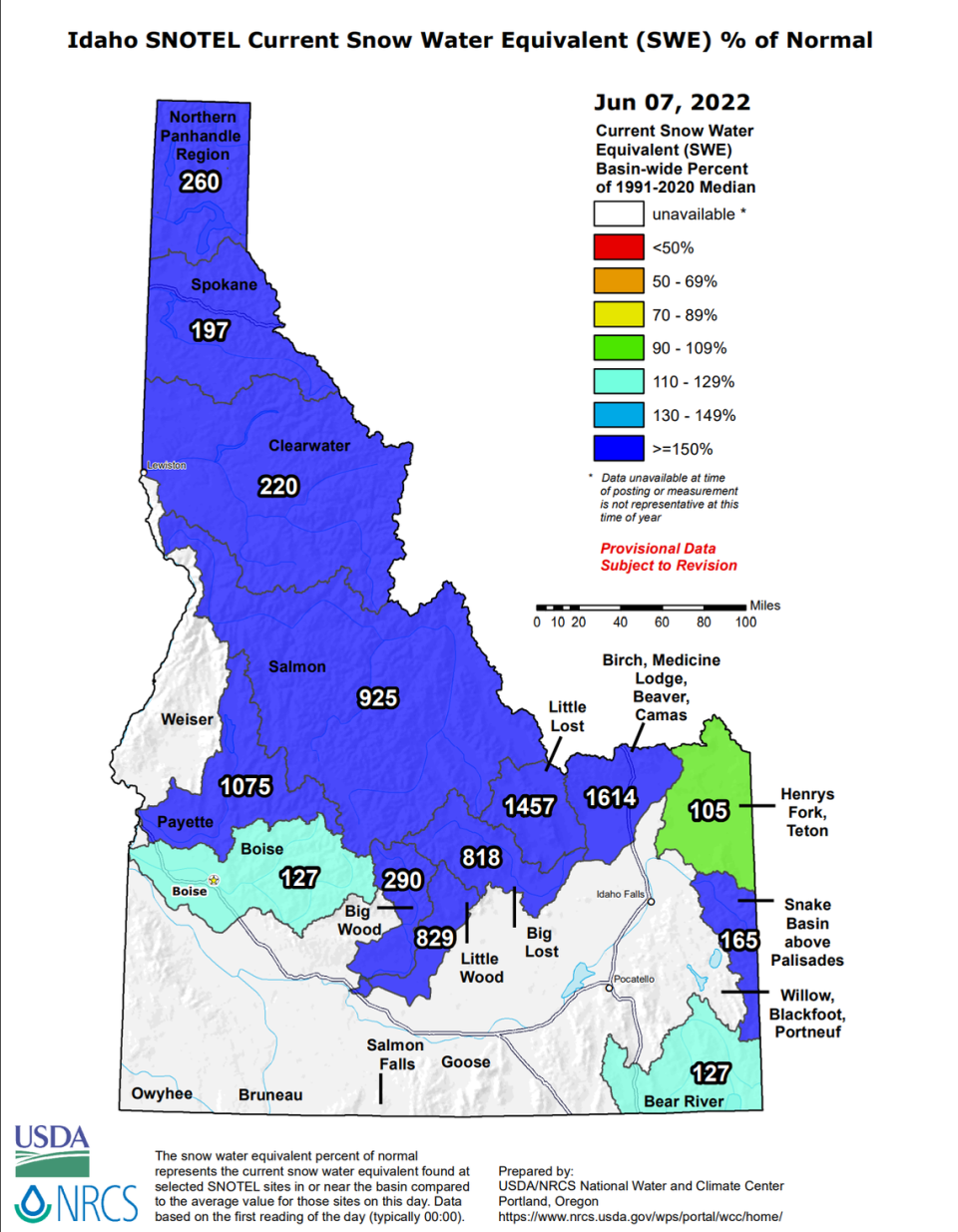 The Snow Water Equivalent percentages in Idaho as of June 7, 2022. All basins that were measured currently have above-average snowpack.