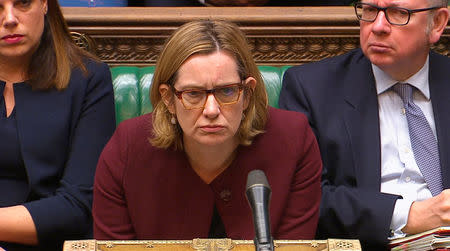 Britain's Home Secretary Amber Rudd answers an urgent question on the treatment of members of the Windrush generation and their families in the House of Commons, in London, April 26, 2018. Parliament TV handout via REUTERS