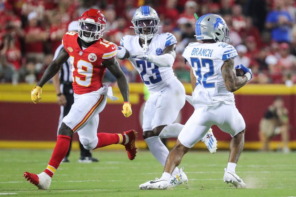 Lions safety Brian Branch catches an interception from Chiefs quarterback <a class="link " href="https://sports.yahoo.com/nfl/players/30123" data-i13n="sec:content-canvas;subsec:anchor_text;elm:context_link" data-ylk="slk:Patrick Mahomes;sec:content-canvas;subsec:anchor_text;elm:context_link;itc:0">Patrick Mahomes</a> during the second half of the Lions’ 21-20 win on Thursday, Sept. 7, 2023, in Kansas City, Missouri.