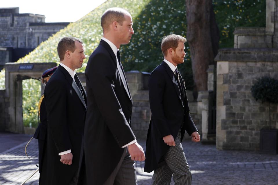 <p>Prince Harry traveled from California to attend Prince Philip's funeral, though he did not walk directly alongside Prince William. Their cousin Peter Phillips walked between them. </p><p><a class="link " href="https://www.townandcountrymag.com/society/tradition/a36084551/prince-harry-meghan-markle-prince-philip-funeral-plans/" rel="nofollow noopener" target="_blank" data-ylk="slk:Why Meghan wasn't in attendance.;elm:context_link;itc:0;sec:content-canvas">Why Meghan wasn't in attendance.</a></p>