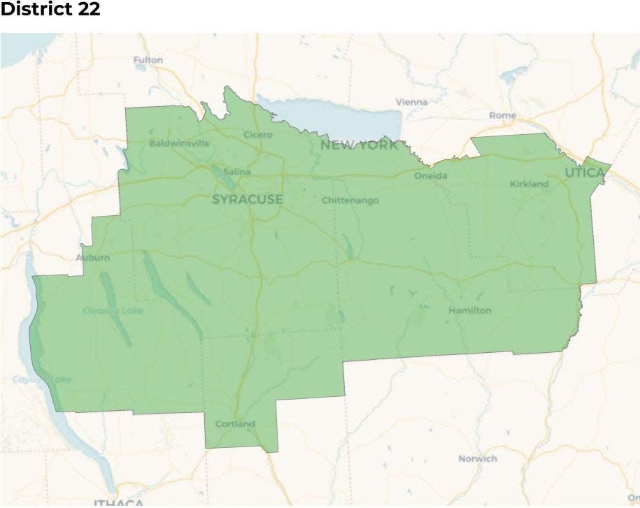 The Independent Redistricting Commission published new draft Congressional District maps on Thursday, Feb. 15, 2024. This is District 22 in Central New York, currently represented by Rep. Brandon Williams.