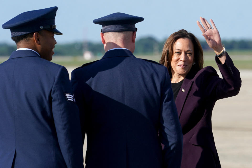 US Vice President and 2024 Democratic presidential candidate Kamala Harris as she steps off Air Force Two upon arrival at Joint Base Andrews, Maryland, on August 23, 2024. (Photo by Kevin Lamarque / POOL / AFP) (Photo by KEVIN LAMARQUE/POOL/AFP via Getty Images)