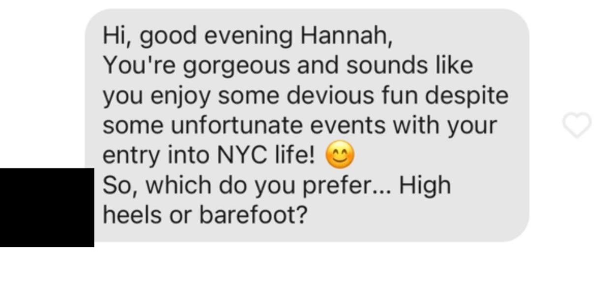 long message that ends with "which do you prefer? high heels or barefoot"