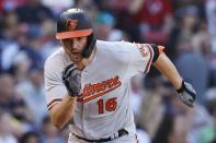 Baltimore Orioles' Trey Mancini runs on his three-run double during the seventh inning of a baseball game against the Boston Red Sox, Sunday, Sept. 19, 2021, in Boston. (AP Photo/Michael Dwyer)