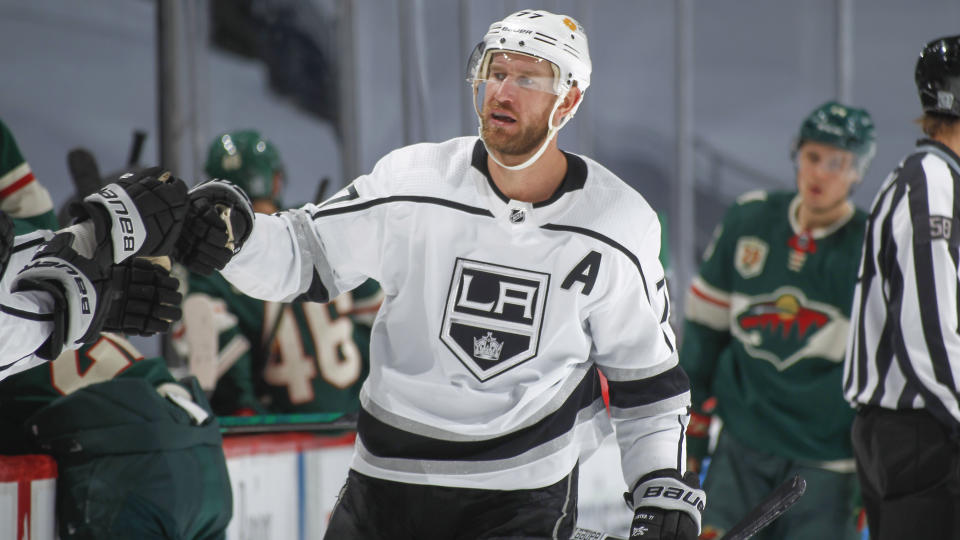 SAINT PAUL, MN - FEBRUARY 26: Jeff Carter #77 of the Los Angeles Kings celebrates after scoring a goal against the Minnesota Wild during the game at the Xcel Energy Center on February 26, 2021 in Saint Paul, Minnesota. (Photo by Bruce Kluckhohn/NHLI via Getty Images)