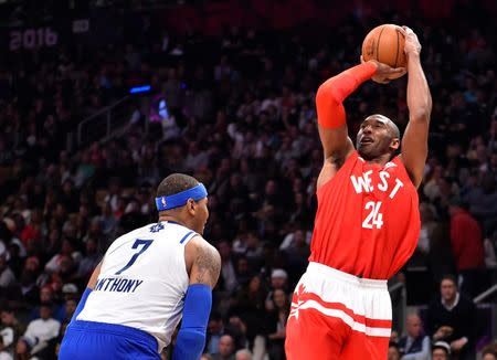 Feb 14, 2016; Toronto, Ontario, CAN; Western Conference forward Kobe Bryant of the Los Angeles Lakers (24) shoots over Eastern Conference player Carmelo Anthony (7) in the first half of the NBA All Star Game at Air Canada Centre. Mandatory Credit: Bob Donnan-USA TODAY Sports