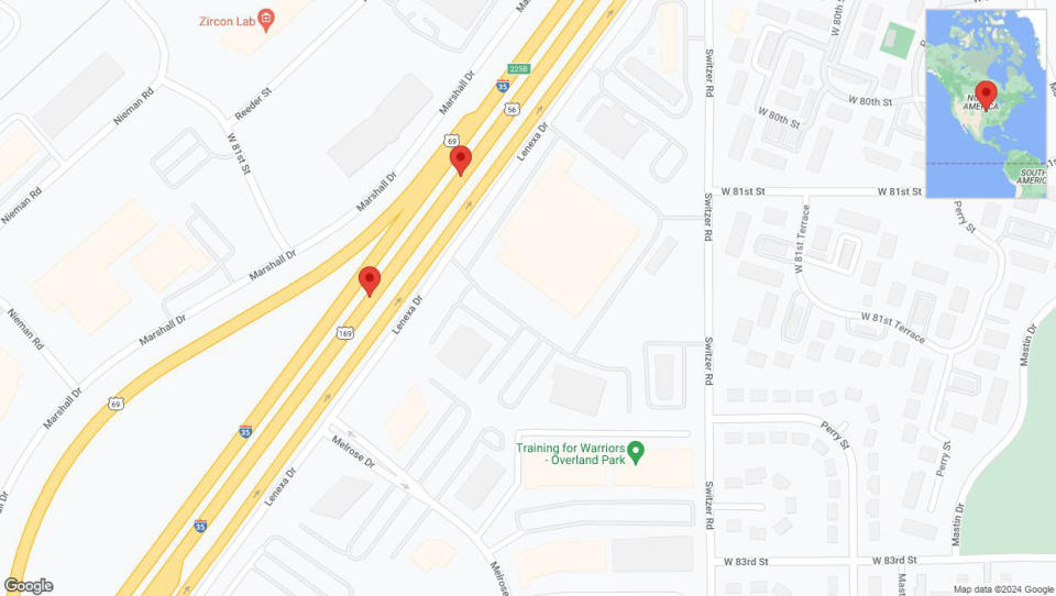 A detailed map that shows the affected road due to 'Broken down vehicle on eastbound I-35 in Overland Park' on January 4th at 1:02 p.m.