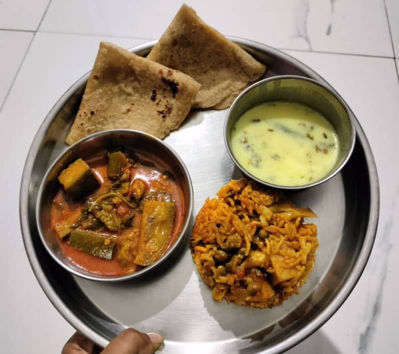 eggplant curry served with tortillas and leftover vegetable fried rice