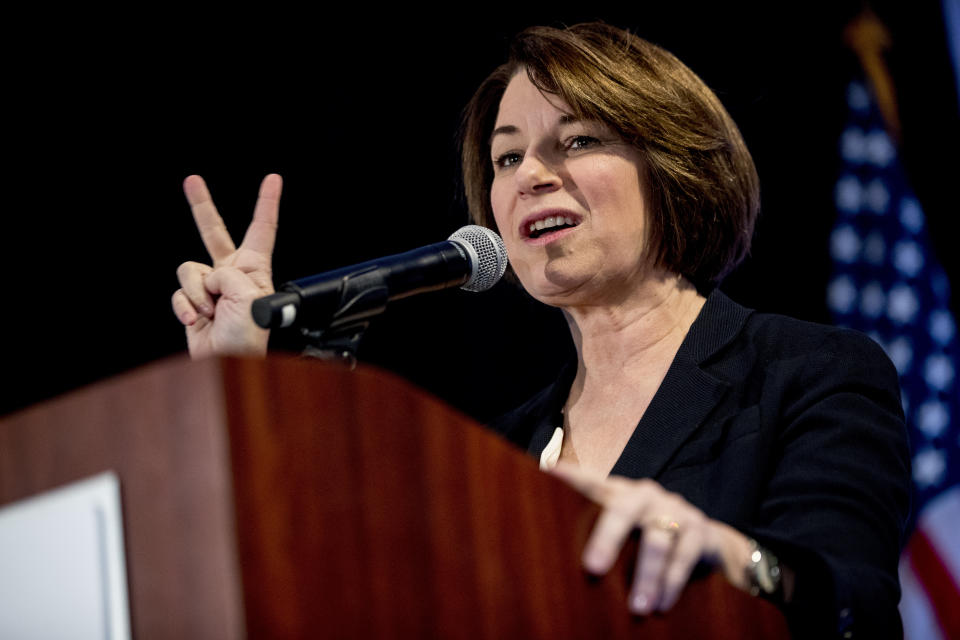 Democratic presidential candidate Sen. Amy Klobuchar, D-Minn., speaks at the Iowa State Education Association Candidate Forum at the Sheraton West Des Moines Hotel, Saturday, Jan. 18, 2020, in West Des Moines, Iowa. (AP Photo/Andrew Harnik)