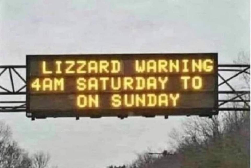 Road sign displaying "LIZZARD WARNING 4AM SATURDAY TO ON SUNDAY"