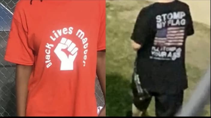 These two T-shirts, worn by unnamed Effingham County High School students, capture the reason why a lawsuit was filed against its Georgia school district: The student wearing the tee at left was not allowed to enter a football game, while the student at right was given entry to the same event. (Photo: Screenshot/YouTube.com/WSAV3)