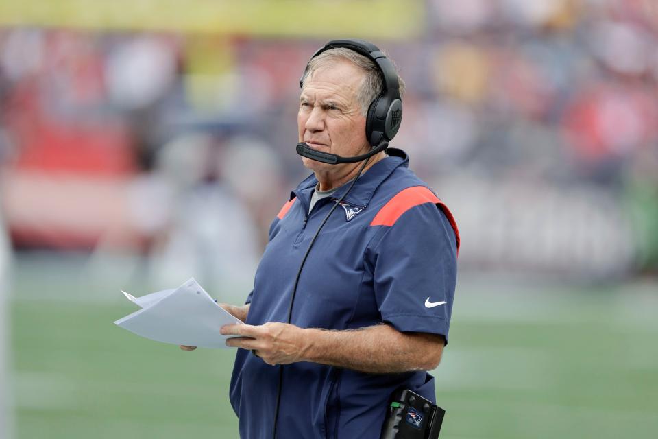 New England Patriots head coach Bill Belichick on the sideline during the second half of an NFL football game against the Baltimore Ravens, Sunday, Sep. 25, 2022, in Foxborough, Mass. (AP Photo/Stew Milne)