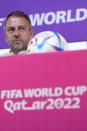 Germany's head coach Hansi Flick attends a news conference on the eve of the group E World Cup soccer match between Germany and Spain, in Doha, Qatar, Saturday, Nov. 26, 2022. Germany will play the second match against Spain on Sunday, Nov. 27. (AP Photo/Matthias Schrader)